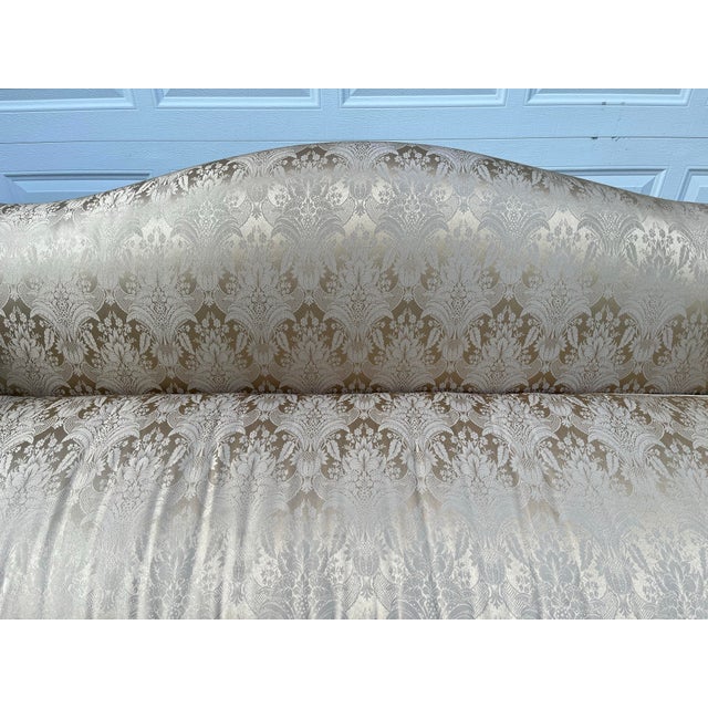 Wood Scroll Arm Down Filled Camelback Sofa- Reupholstered in Golden Cream Damask Silk For Sale - Image 7 of 12