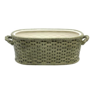 Vintage Basketweave Green Cachepot / Decorative Bowl With Handles For Sale