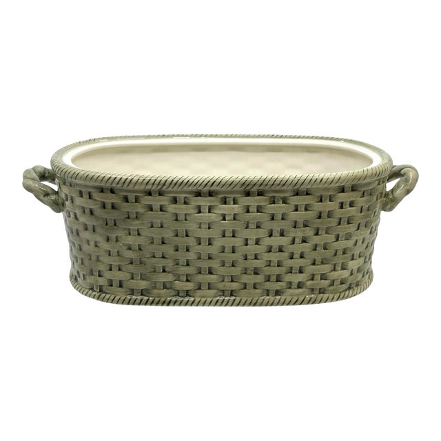 Vintage Basketweave Green Cachepot / Decorative Bowl With Handles For Sale