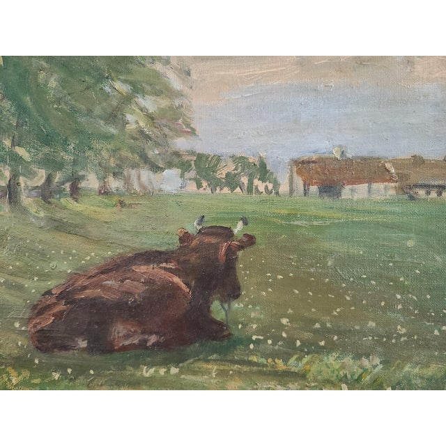 Farmhouse 1930s Oil Painting Rural Countryside Landscape With Cow For Sale - Image 3 of 16