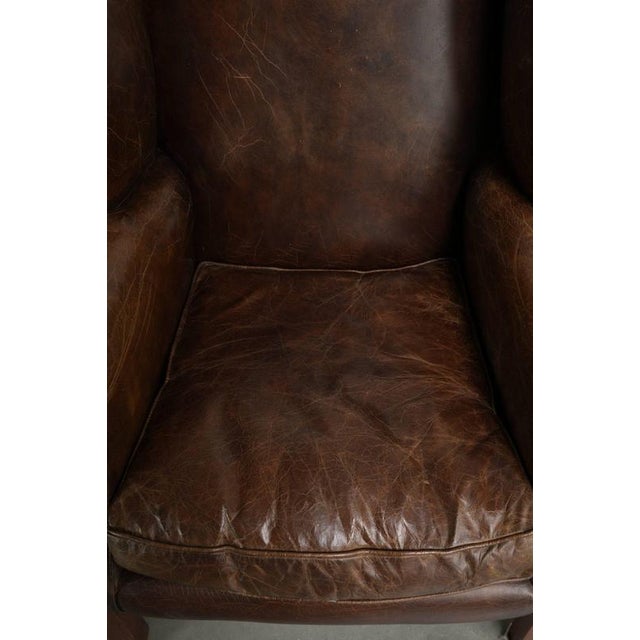 1990s Large English Dark Cognac-colored Cowhide Leather Wing Armchairs, Set of 2 For Sale - Image 5 of 14