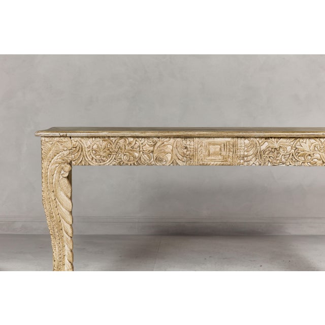 Mughal Style Painted Console Table with Foliage Carved Apron and Legs For Sale - Image 10 of 12
