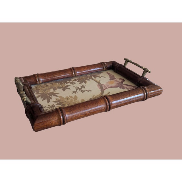 Brown Vintage Faux Bamboo Glass Tray With Schumacher Fabric Insert For Sale - Image 8 of 14