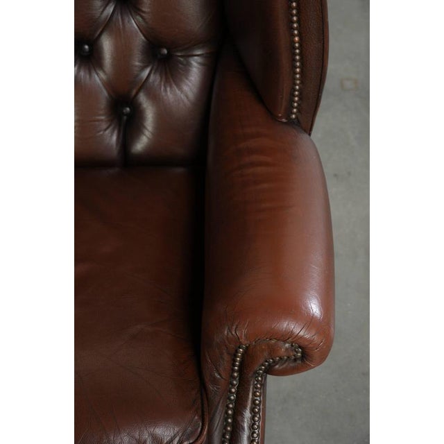 Brown English Cowhide Chesterfield Wing Armchair For Sale - Image 8 of 13