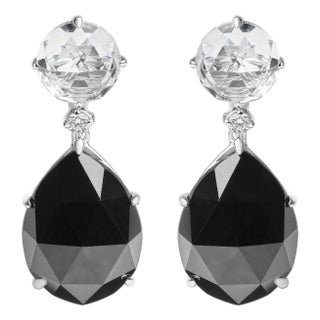 18K White Gold 1/5 Cttw Diamond with Round White Topaz and 20x15mm Pear Cut Black Onyx Gemstone Dangle Earring (G-H Color, SI1-SI2 Clarity) For Sale