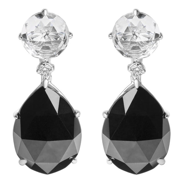 18K White Gold 1/5 Cttw Diamond with Round White Topaz and 20x15mm Pear Cut Black Onyx Gemstone Dangle Earring (G-H Color, SI1-SI2 Clarity) For Sale