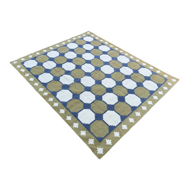 Not Yet Made - Made To Order Handmade Cotton Area Rug Vegetable Dyed Olive Green, Cream and Blue Vista Rug-12'x15' For Sale