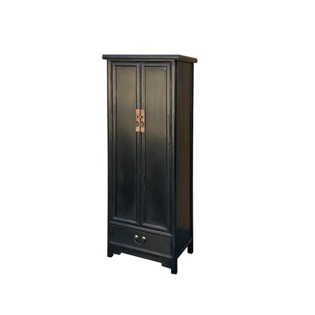 Black Oriental Classic Slim Black Lacquer Narrow Tall Storage Cabinet For Sale - Image 8 of 8