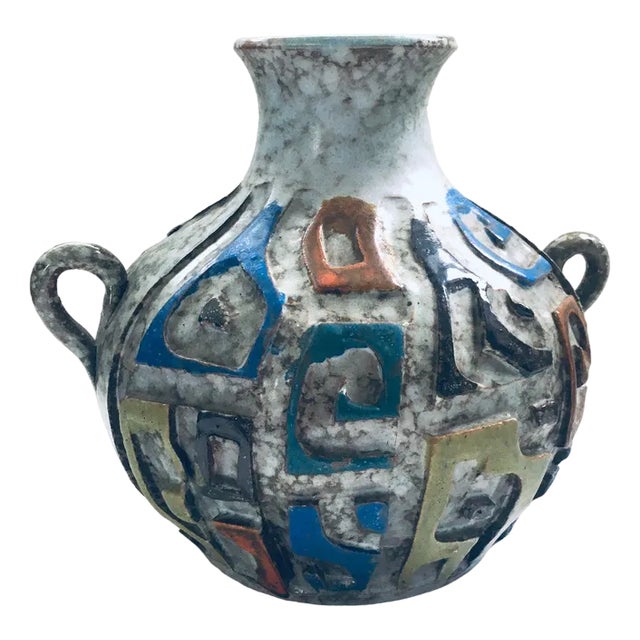 Art Pottery Studio Carved Handle Vase, Spain, 1960s For Sale
