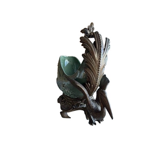 Art Nouveau Decorative Glazed Ceramic Celadon Centerpiece Bowl With a Very Distinctive, Sculptural Design and Metal Sculptural Details For Sale - Image 3 of 4