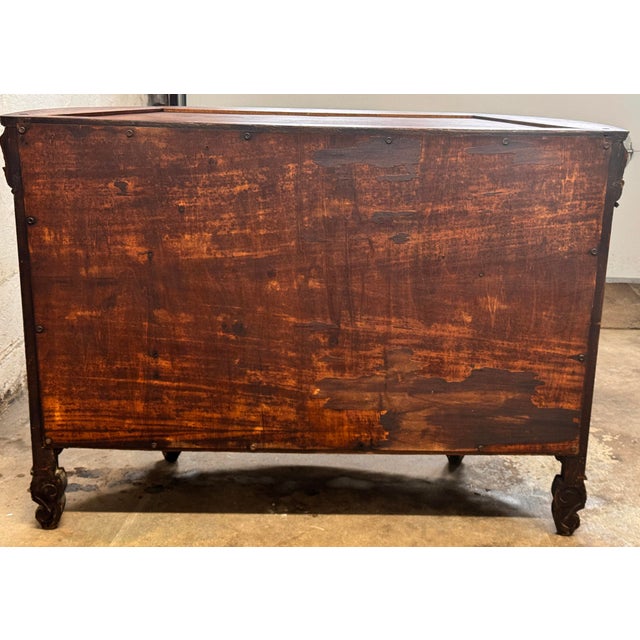 Antique French Style Inlaid Wood Carved Marble Top Demilune Server For Sale - Image 14 of 14