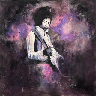 Jimmy Hendrix Portrait Playing Guitar on Purple Tie Dye Canvas by British Artist 2015 Circa For Sale