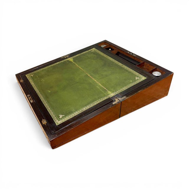 Metal Victorian Brass Inlaid Mahogany Writing Slope with Secret Drawers For Sale - Image 7 of 18
