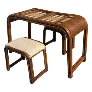 Vintage Pencil Reed Natural Bamboo Game Table With Stools Set For Sale