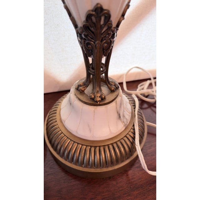Vintage Mid-Century Modern Neoclassical Carved Alabaster & Brass Spindle Table Lamps - A Pair. For Sale - Image 13 of 18