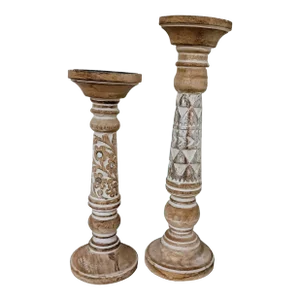 Pair 1990s Wooden Candle Stick Holders Carved Exotic White-Washed Tabletop
