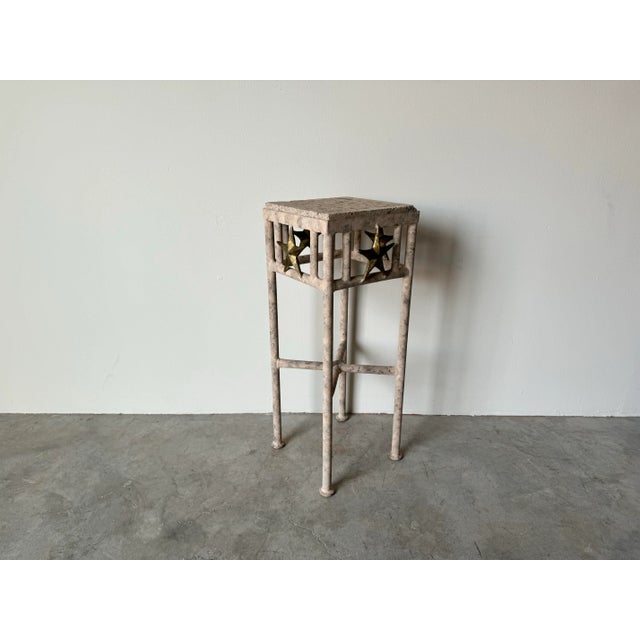 Vintage Organic Modern Wrought Iron and Stone Top Pedestal / Plant Stand For Sale - Image 4 of 12