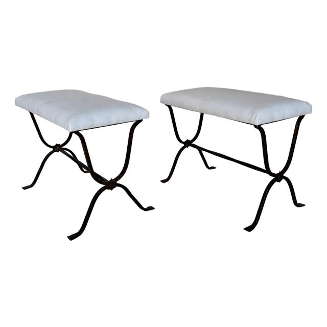 Pair of Hand Forged Spanish Gilt Iron Benches With Twisted Stretchers For Sale