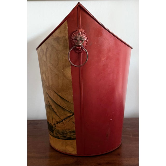 Metal Vintage Decoupage Clipper Ship Tole Wastebasket With Lion Head Ring Handles For Sale - Image 7 of 9