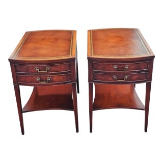 1940s Pair Regency Style Genuine Mahogany and Stenciled Tooled Leather Top Side Tables For Sale