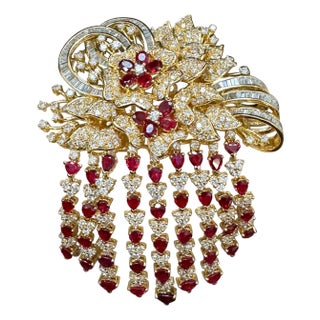 Vintage 18 Ct Diamond & 15 Ct Ruby Floral Broach 52.8 GM 18 Karat Yellow Gold For Sale