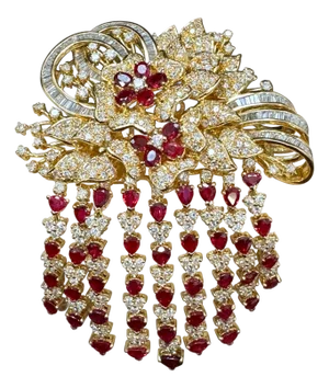 Vintage 18 Ct Diamond & 15 Ct Ruby Floral Broach 52.8 GM 18 Karat Yellow Gold