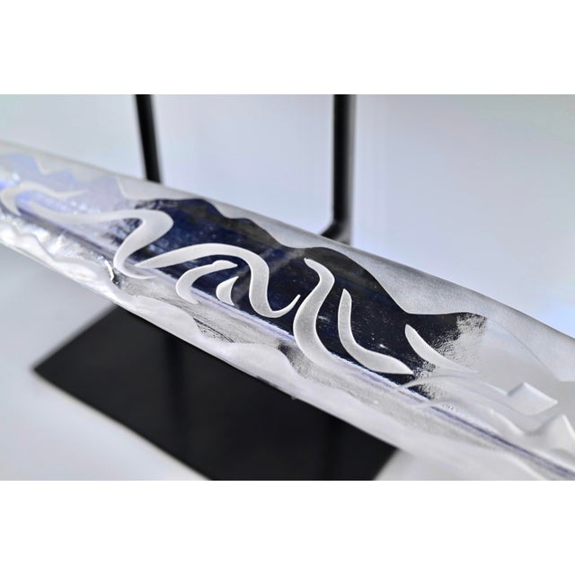Terje Lundaas Blue & White Glass Sculpture With Engravings on Tri-Level Stand, Large 31" Wide, Etch Signed - Set of 4 For Sale - Image 10 of 12