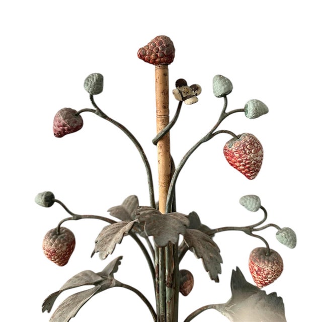 Vintage Italian Tole Peinte Potted Strawberry Plant Sculpture / Toleware Floral / Flower Arrangement, Made in Italy, a Pair For Sale - Image 11 of 12