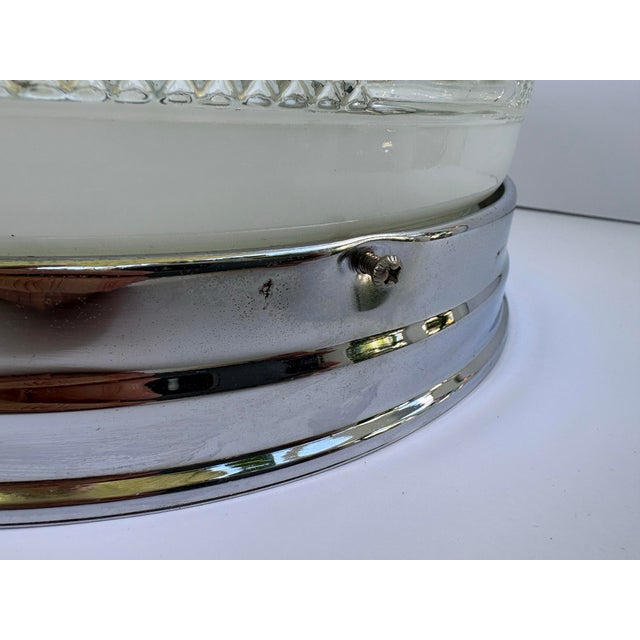 Metal Vintage 1940s Art Deco Clear & White Pressed Glass Chrome Flush Mount Ceiling Light For Sale - Image 7 of 12