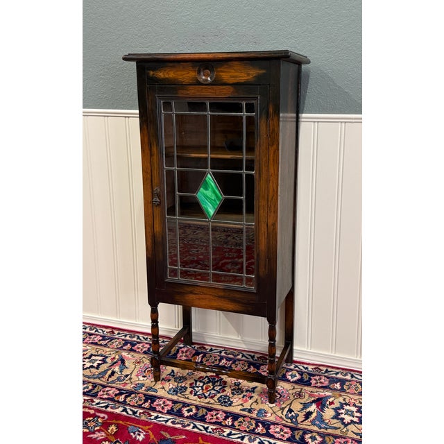 Antique English Arts & Crafts / Jacobean Oak Bookcase or Petite Display Cabinet with Leaded and Stained/Slag Glass...