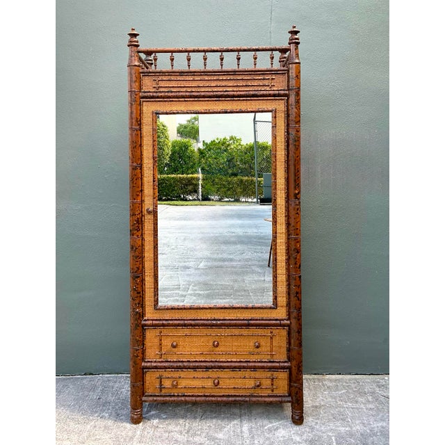 Vintage Tortoise Bamboo Mirror Front Armoire For Sale - Image 10 of 12