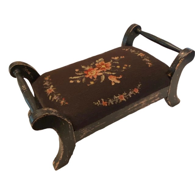 Vintage French Country Two Handle Floral Needlepoint Cricket Foot Stool For Sale In Washington DC - Image 6 of 13