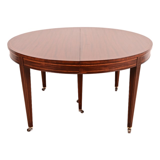 Baker Furniture Style Federal Inlaid Mahogany Extension Dining Table With Six Leaves, Newly Refinished For Sale