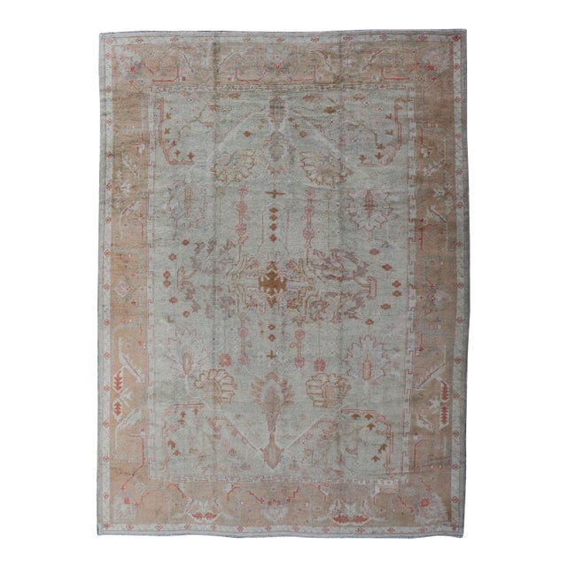 Antique Turkish Large Oushak Rug in Taupe, Light Green and Light Copper For Sale