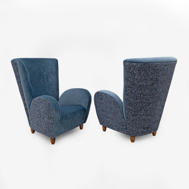 Italian High-Back Armchairs in Blue Velvet and Chenille attributed to Paolo Buffa, 1950, Set of 2 For Sale - Image 10 of 10