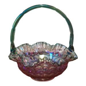 Mid-Century Fenton Glass Basket – Iridescent Pink, Signed by Bill Fenton