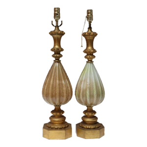 Set of Two Vintage Hollywood Regency Style Table Lamps in Blown Glass and Giltwood