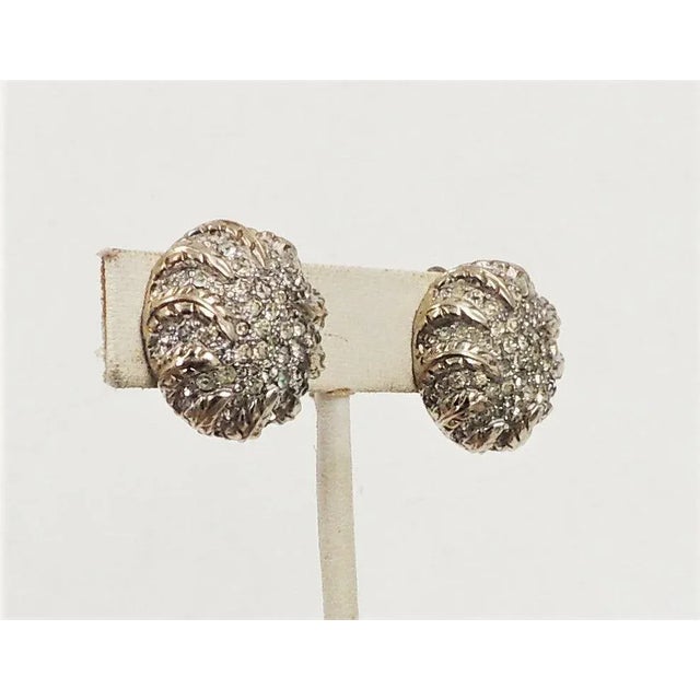 Metal Vintage 1950s Signed Jomaz Round Goldtone Pave Clear Rhinestone Clip Earrings - 2 Pieces For Sale - Image 7 of 8