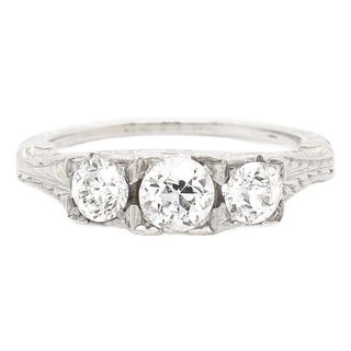 18k White Gold & Three Stone Old European Cut 0.82± Ct Diamond Ring For Sale