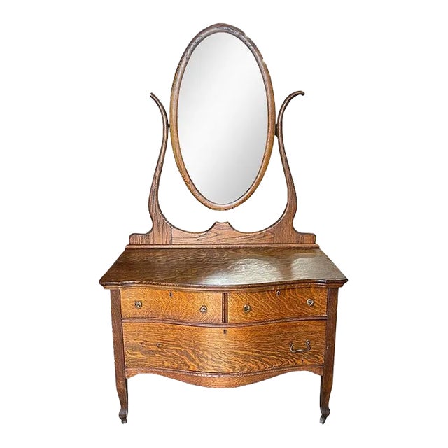 Antique Tiger Oak 3 Drawer Dresser or Dressing Table With Oval Mirror For Sale