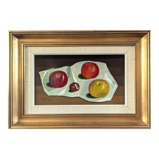 1979 Mid-Century Modern 'Fruits on a White Cloth' Vintage Original Still Life Tempera Painting by Swedish Artist Eric Cederberg (1897-1984), Framed For Sale