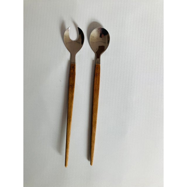 Midcentury teak wood handle and stainless set of 2 salad utensils 13.25" L, makers mark reads " Stainless Steel Japan"...