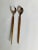 Midcentury teak wood handle and stainless set of 2 salad utensils 13.25" L, makers mark reads " Stainless Steel Japan"...