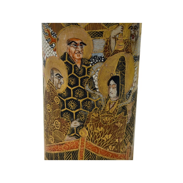 1970s 4.75"Asian Satsuma Style Cylindrical Figures Painted Porcelain Art Vase For Sale - Image 5 of 11