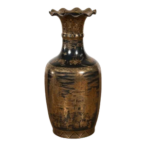 Black Lacquer and Gold Leaf Underlay Chinese Altar Vase with Scalloped Top
