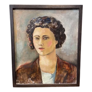 Circa 1940s French Woman with Curls Portrait Oil Painting, Framed