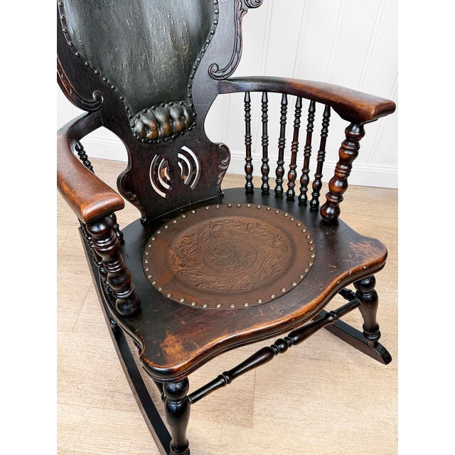 Antique Victorian Carved Oak & Leather Tufted Rocking Chair For Sale - Image 10 of 15