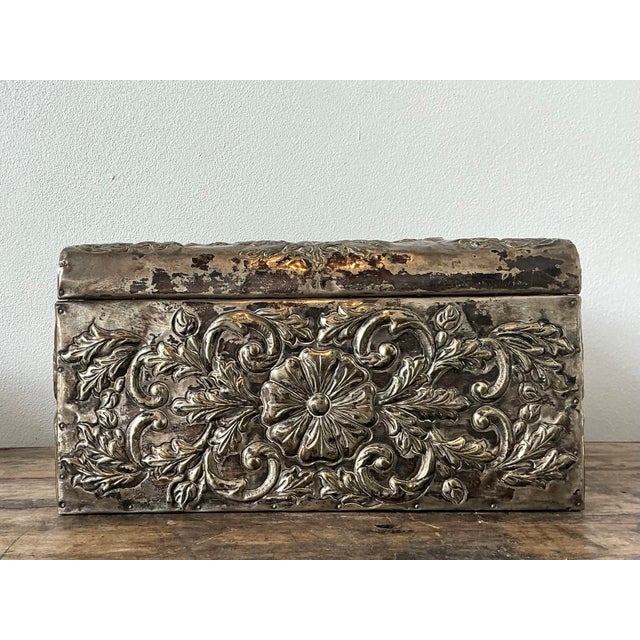 Silver Vintage Hammered Floral Metal Box For Sale - Image 8 of 11