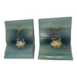 Vintage Roseville Pottery Apple Blossom Blue Bookends - a Pair For Sale