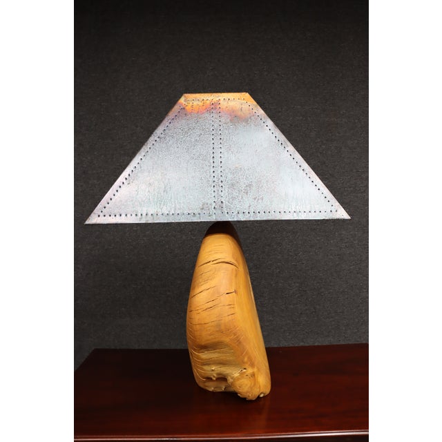 Mid 20th Century Mid Century Modern Oversized Live Edge Wood Table Lamp With Patinated Copper Shade For Sale - Image 10 of 12